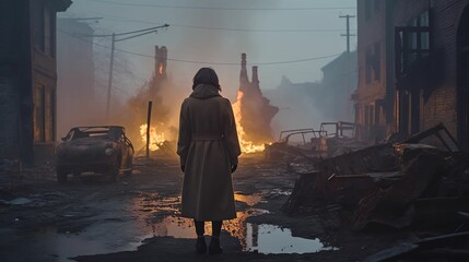 AI generated illustration of a woman standing in front of destroyed and burning buildings