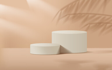 Minimal scene 3D realistic background. white podium with plant shadow and light effect