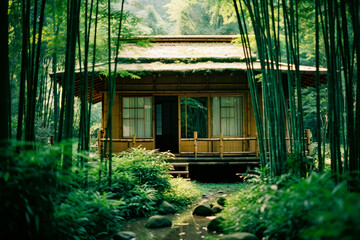 Small wooden cabin on a green bamboo forest, asian style.