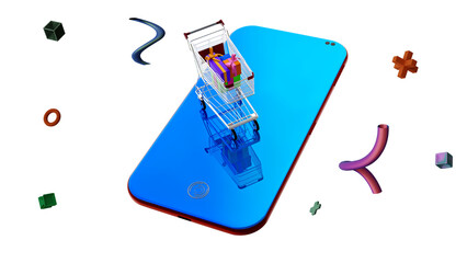 3D Mobile Phone With Shopping Cart. Cut Out.