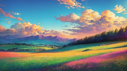 Fototapeta premium AI generated field with blooming flowers