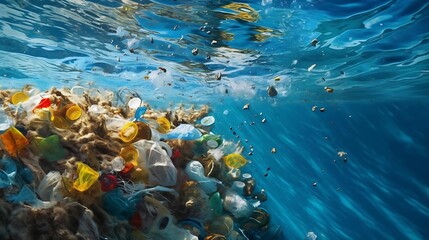Fototapeta na wymiar AI generated illustration of the sea filled with garbage under the sunlight - concept of pollution