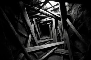 a black and white photo of a dark tunnel - obrazy, fototapety, plakaty
