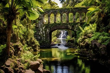 AI generated illustration of a large, old stone bridge arching over a tranquil stream in a garden