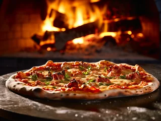 Foto op Plexiglas Freshly-baked pizza on the table in front of a fireplace. AI-generated. © Eric Binek/Wirestock Creators