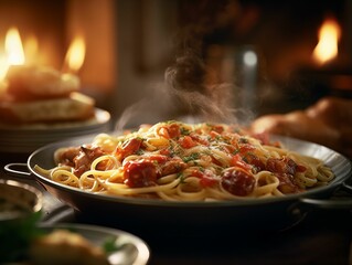 Bowl of steaming spaghetti topped with assorted cooked meatballs. AI-generated.