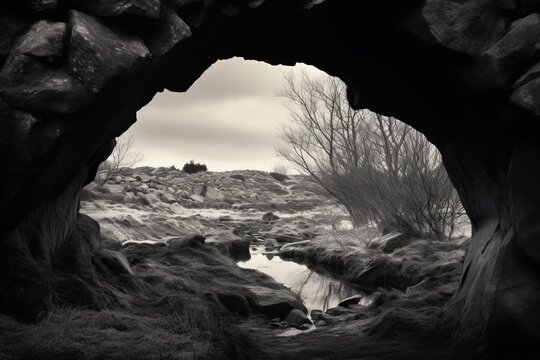 a black and white photo of a cave with water flowing through it
