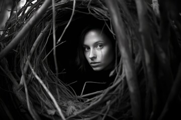 a black and white photo of a woman in a nest