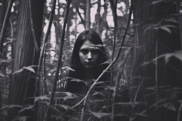 a black and white photo of a woman in the woods