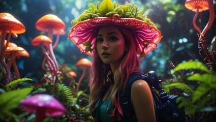 A female adventure in a jungle wearing a mushroom hat created with generative ai