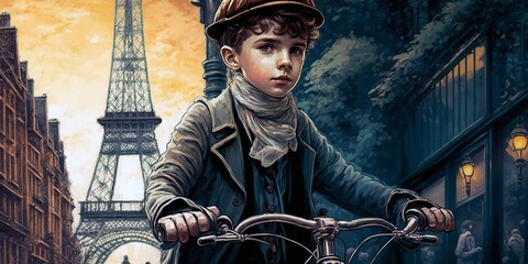 AI generated illustration of a young boy riding a bicycle in front of the iconic Eiffel Tower