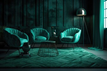 Furry carpet, green velour seats, and other decorations in a black room. mockup for an illustration. Generative AI