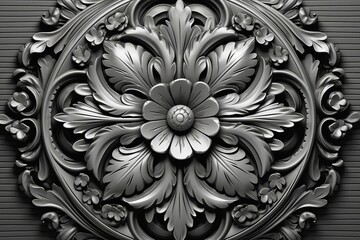 a black and white photo of an ornate floral design