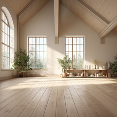 Bright and spacious and minimalistic interior of the house made of timber . High quality illustration