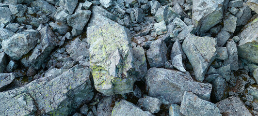 Rocky Boulder Field in the Canadian Mountain Landscape. Aerial Nature Background.