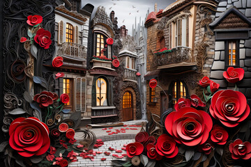 Paper quilling vintage old city streets with red roses background wallpaper © amila