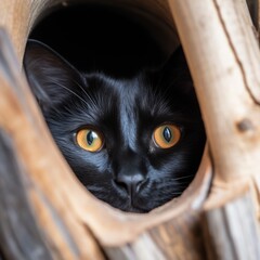 a black cat peeking out of a hole in a tree