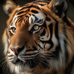 AI generated illustration of a closeup portrait of a tiger with intense, round eyes