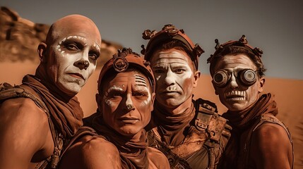 Group of four men in a desert landscape. Circus on Mars. AI-generated.
