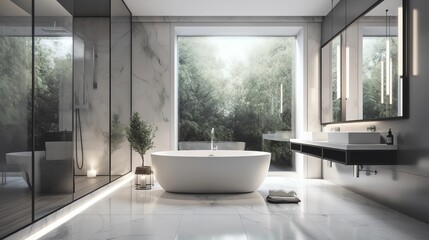 Fototapeta na wymiar AI generated illustration of a large white porcelain bathtub in a modern bathroom with windows