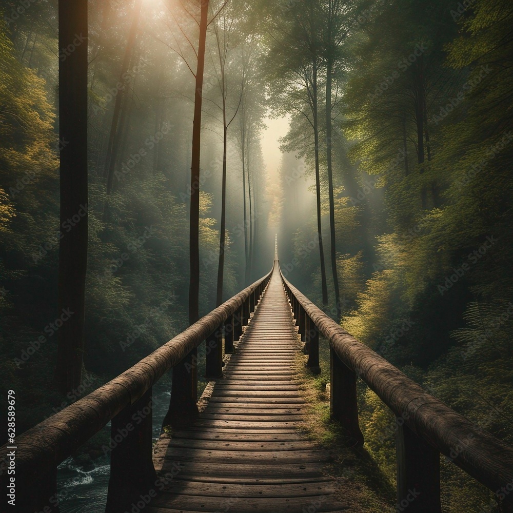 Poster ai generated illustration of a bridge crossing a dense forest with tall trees arching over it