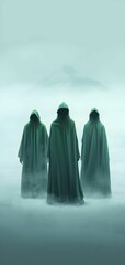 AI generated illustration of three individuals with hoods up, standing with a snowy background
