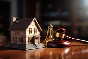 Miniature model of a house standing next to a gavel