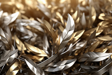 elegant metal gold and silver leaves with the radiant golden light illuminates a stunning arrangement, exuding an aura of grace and enchantment. Generative AI.