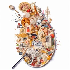 AI generated image of houses surrounded by food on white background