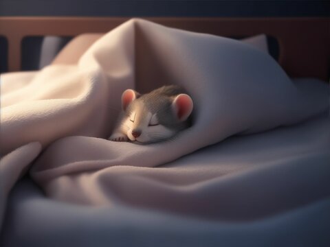 AI Generated Sleeping Mouse Curled Up On A Bed Draped In A Blanket