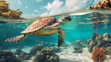 AI generated illustration of sea turtle swimming gracefully through the ocean's crystal blue waters