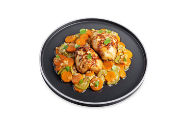 Moroccan spiced chicken with zucchini and carrots in a plate on a white isolated background