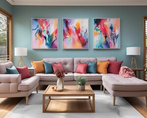 AI generated illustration of a cozy living room with colorful pillows, couches and a coffee table