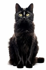 a black cat with yellow eyes sitting in front of a white background