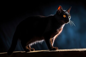 a black cat with yellow eyes standing on a ledge - Powered by Adobe