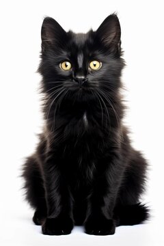 a black kitten sitting in front of a white background
