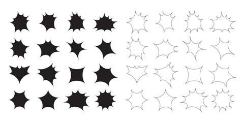 Black isolated silhouette and out line pointy distorted random shapes design elements template set on white background