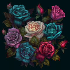 AI generated illustration of a bouquet of vibrant multicolored roses surrounded by lush green leaves