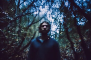 a blurry image of a man standing in the woods