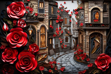 Paper quilling vintage old city streets with red roses background wallpaper