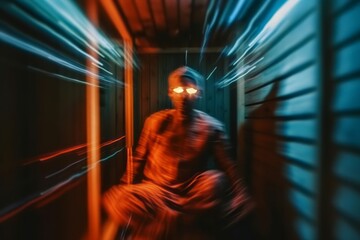a blurry image of a man with glowing eyes