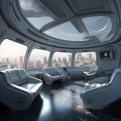 AI generated illustration of a large, modern lounge room with a stunning view of the city skyline