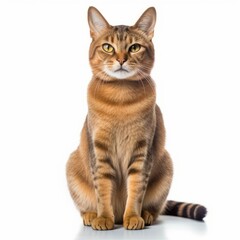 a brown tabby cat sitting down on a white background