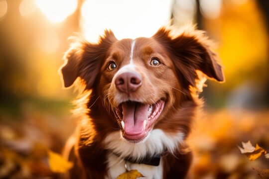 a brown and white dog with its mouth open in the fall