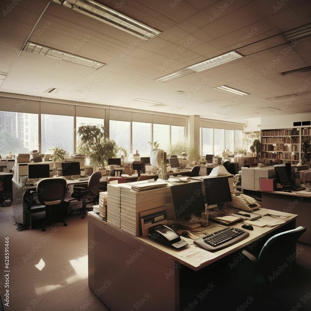 Poster ai-generated illustration of an empty corporate workroom containing multiple computer screens