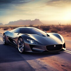 Luxury sports car driving along a remote road in the desert. AI-generated.