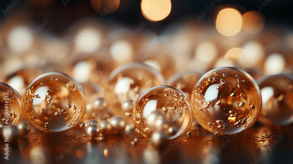 Poster Array of golden marbles in a horizontal line on a reflective tabletop. AI-generated.