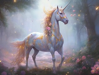Majestic white unicorn stands in a serene, magical forest. AI-generated.