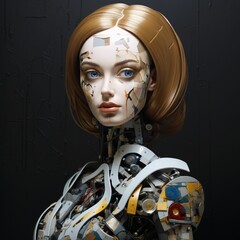 AI generated illustration of a female humanoid robot with a painted face against a black wall