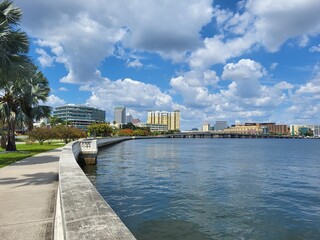 Fototapeta premium the port of a beautiful big city bordering on the blue sea. with a blue cloudy sky, a beautiful skyline and palm trees and nature